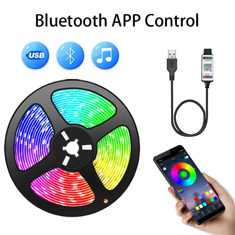 1-30m Bluetooth RGB LED Strip Light for TV Backlight USB 5V 5050 Flexible Tape APP Remote Control Game Room Holiday Decor Lights