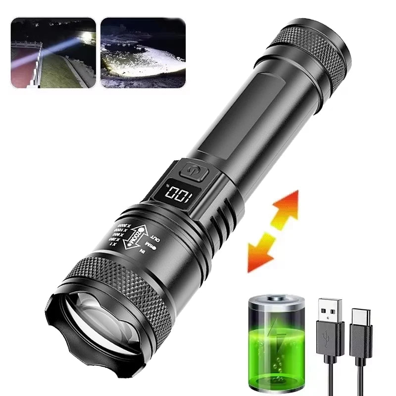 Super Bright Rechargeable LED Flashlight Zoom Torch with LCD Display 3 Modes Waterproof Handheld Light Outdoor Camping Lantern