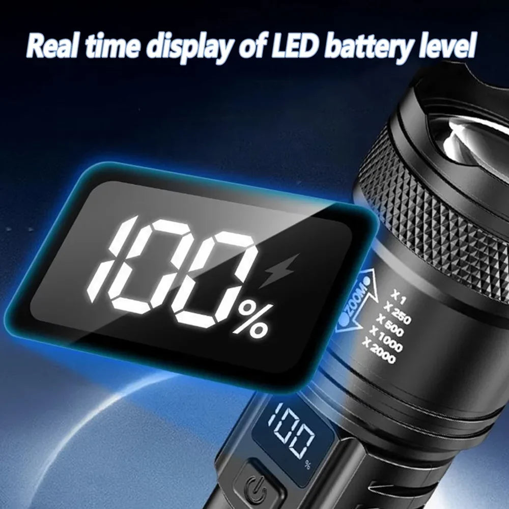 Super Bright Rechargeable LED Flashlight Zoom Torch with LCD Display 3 Modes Waterproof Handheld Light Outdoor Camping Lantern