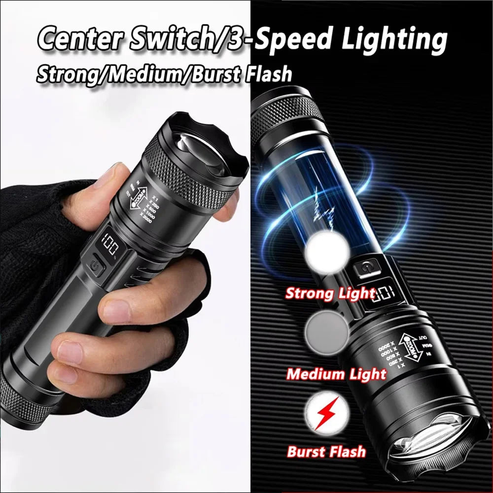 Super Bright Rechargeable LED Flashlight Zoom Torch with LCD Display 3 Modes Waterproof Handheld Light Outdoor Camping Lantern